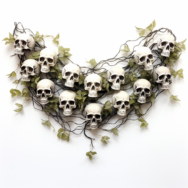 Crânio humano com flores decorativo de estilo boho vintage