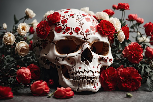 Crânio humano com flores vermelhas ai generativo
