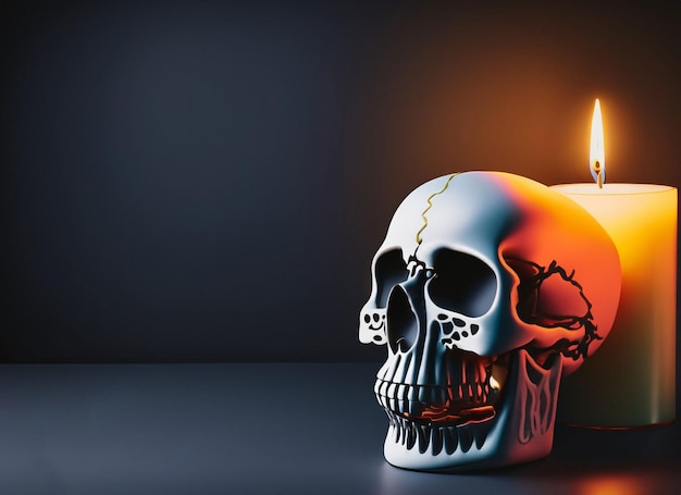 Crânio humano com luz de velas na mesa de madeira no fundo escuro