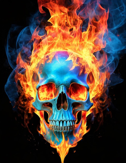 Foto crânio humano crânio em chamas azuis e laranjas crânio com fogo e chamas isolados em fundo preto