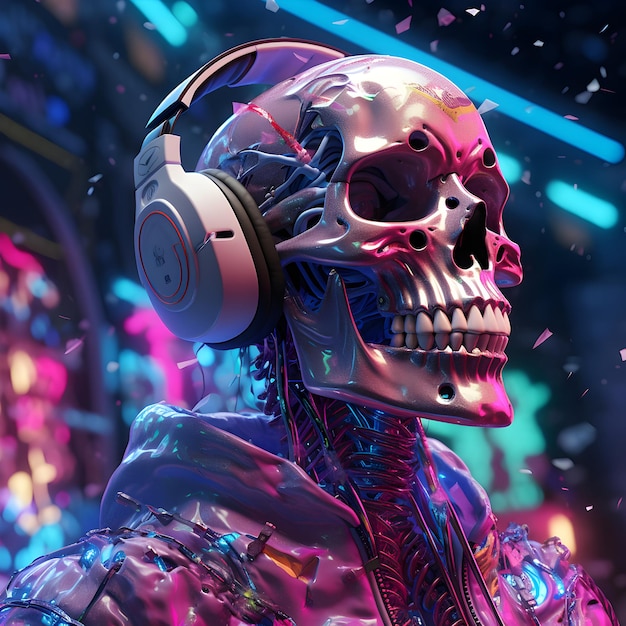 Crânio humano cyberpunk com fones de ouvido