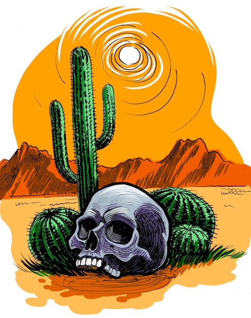 Crânio humano no deserto mexicano desenhado à mão com tinta em papel e colorido à mão em tábua