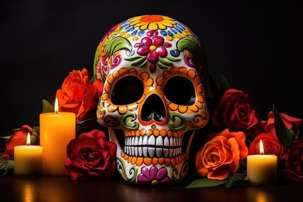 Crânio humano pintado com velas acesas e flores para o Halloween