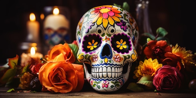 Crânio humano pintado para o Dia dos Mortos, abóboras e flores em cima da mesa