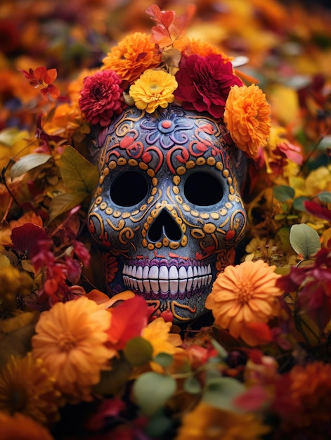 Foto crânio mexicano com flores uma representação icônica do dia de muertos mostrando a rica herança cultural e o profundo significado deste festival dedicado à lembrança dos falecidos