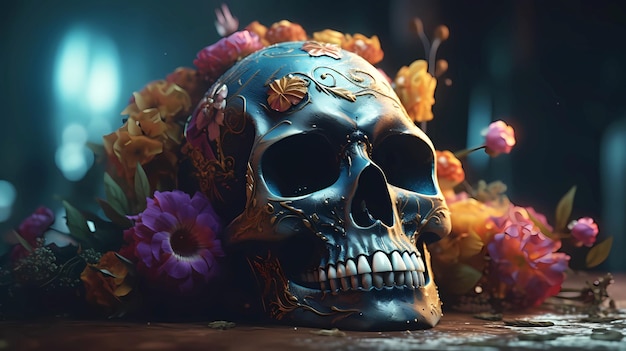 Crânio mexicano ritual decorado com flores coloridas em linha reta