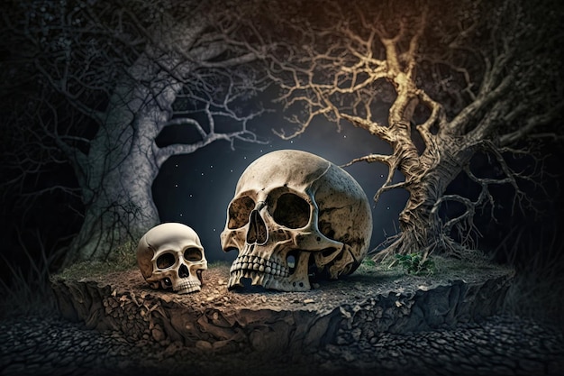 Crânio pequeno e dois ossos humanos contra o fundo de esqueletos de árvores escuras relaxam