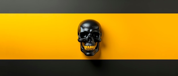 Crânio preto em fundo amarelo e preto conceito minimalista de Halloween