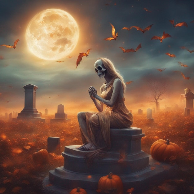 Crânio zumbi de Halloween no cemitério papel de parede