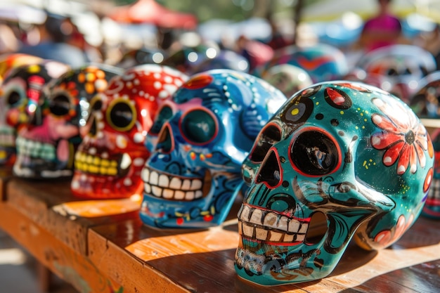 Crânios coloridos decorados, cerâmica, símbolo da morte no dia do mercado dos mortos no México