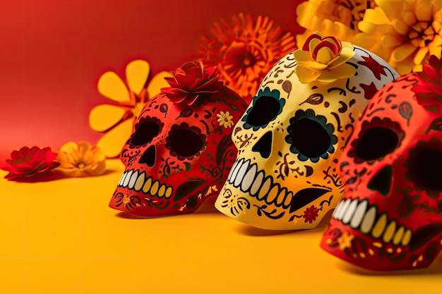 Crânios de açúcar cortados em papel e decoração de flores com espaço de cópia para Cinco De Mayo e Da De Muertos