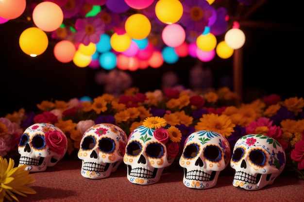 Crânios de Calavera entre flores e velas no festival Dia De Los Muertos à noite