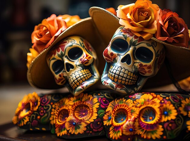 Foto crânios de decoração de cerâmica com chapéus para o dia dos mortos com flores