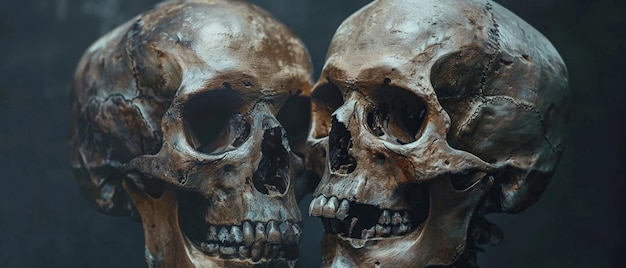Crânios hiperrealistas de homem e mulher em close-up translúcidos super detalhados limpos afiados sem contraste