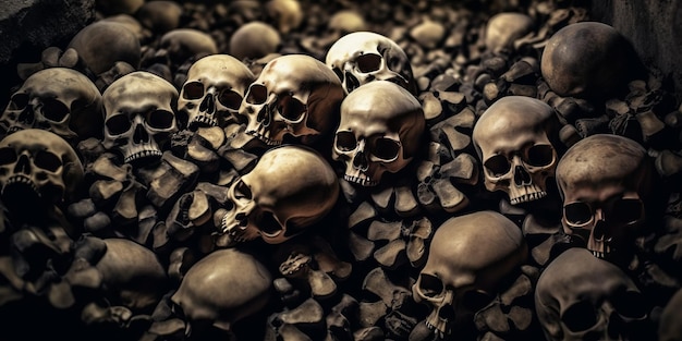 crânios humanos e ossos de pessoas mortas na guerra na cripta enterrada no cemitério