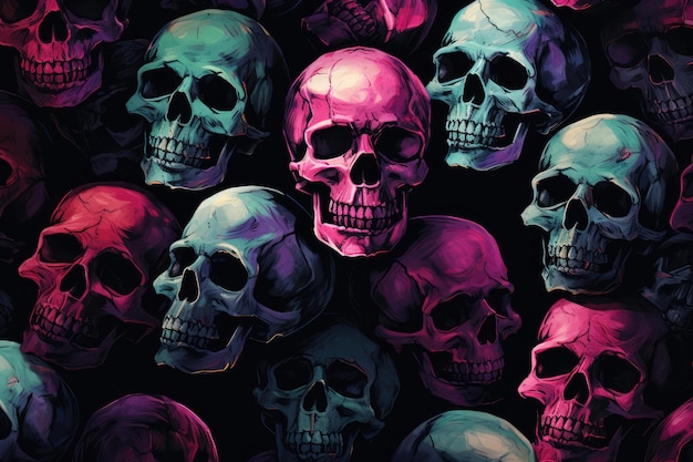 Crânios humanos em fundo preto conceito de Halloween