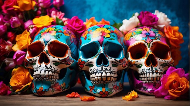 Crânios mexicanos com flores desenho de cinco de maio o festival mexicano