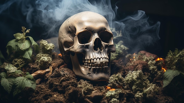 Crânios místicos em meio a fumaça e folhas caídas foto detalhada em fundo preto