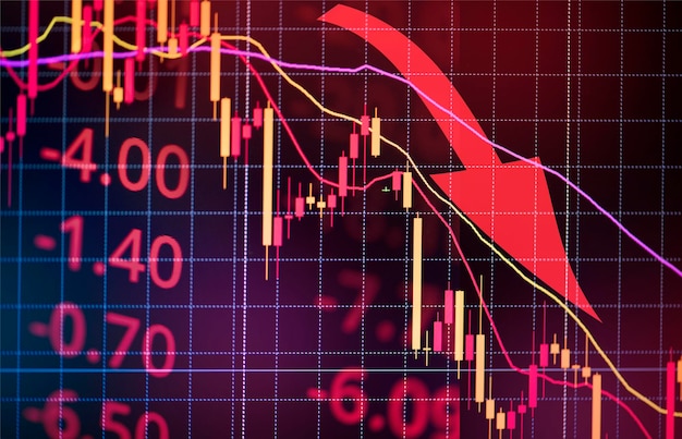 Foto crash de la bolsa de valores pérdida de comercio gráfico de análisis de inversión indicador gráfico de negocios gráficos de fondo financiero digital hacia abajo crisis bursátil precio rojo en el gráfico de tendencia a la baja caída