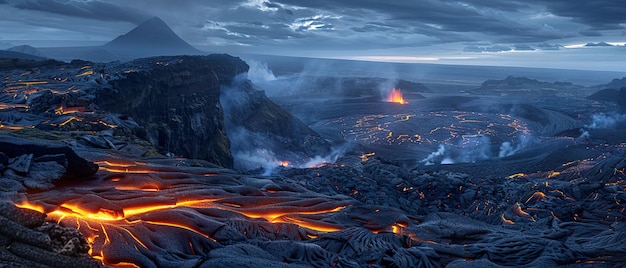 Cráter volcánico terreno accidentado brillantes brasas paisaje rocoso erupción del volcán fotografía iluminación de borde viñeta vista lateral