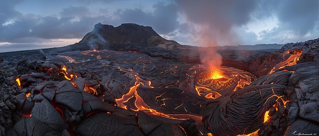 Cráter volcánico terreno accidentado brillantes brasas paisaje rocoso erupción del volcán fotografía iluminación de borde viñeta vista lateral