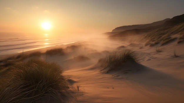 Cratera com Duna de Areia, Praia, Grama, Litoral Nebuloso, Ondas Suaves e Nascer do Sol