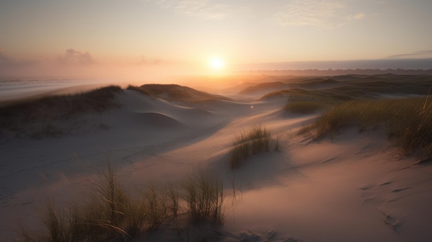 Cratera com dunas de areia praia grama costa nebulosa ondas suaves suaves e nascer do sol