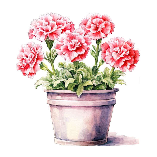 Cravos cor-de-rosa em vaso Aquarela