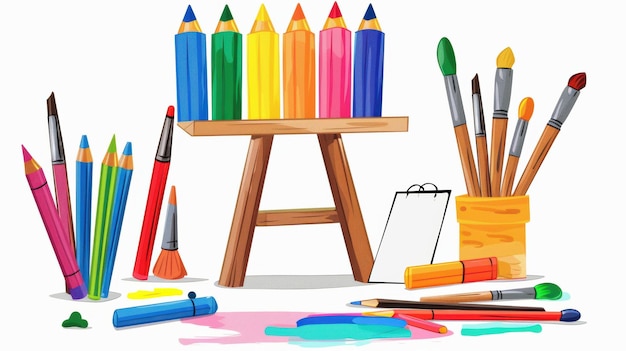 Crayones y pinceles vibrantes con ilustraciones en lienzo
