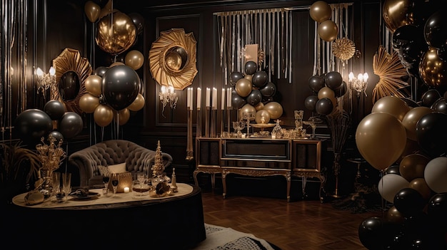 Crea un ambiente sofisticado en tu fiesta temática Gran Gatsby con decoraciones elegantes que irradian el brillo y el glamour de la década de 1920 Generado por IA