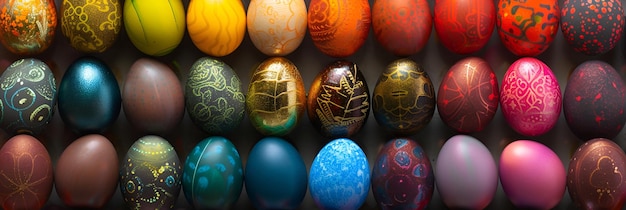 Se crea un fondo festivo con una variedad de huevos de Pascua de colores