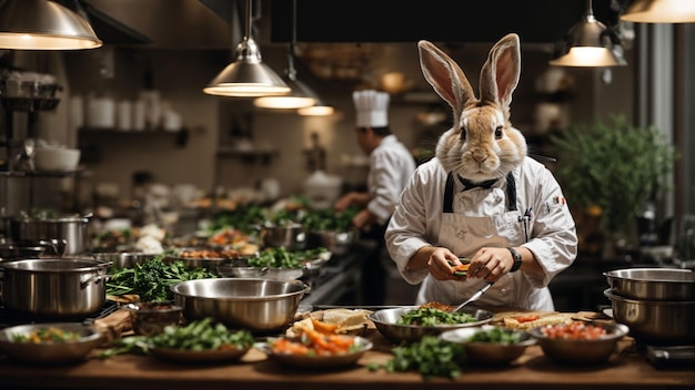 Crea una historia sobre un diligente chef de conejos que está preparando una comida gourmet en un bullicioso restaurante