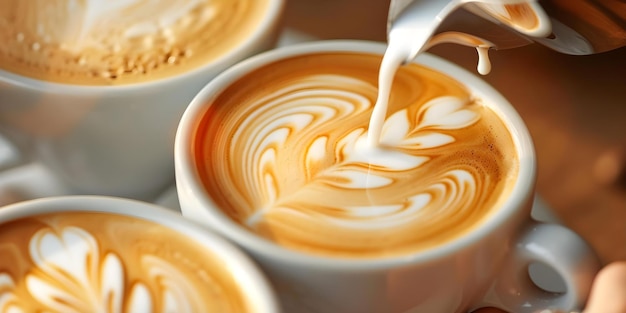 Creación de arte del latte en una cafetería Verter leche en el concepto del café Entrenamiento de café Vaporización de leche Técnicas de barista Diseños de latte