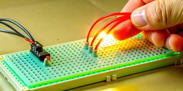 Creación de circuitos con componentes electrónicos Primer plano de la mano del programador conectando led con breadbo