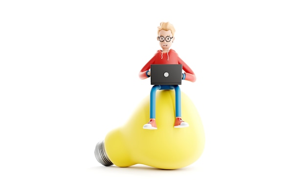 Creación de un concepto de idea, diseñador o codificador de personajes, niño con una computadora portátil