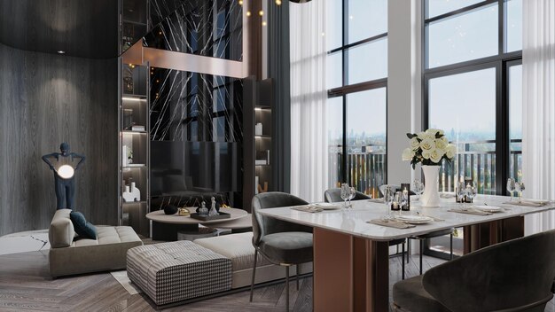 Creación de un diseño interior de sala de estar de espacio único en un loft de estilo industrial con renderización 3D