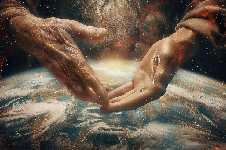 Foto creación divina narrativa concepto bíblico de dios creando el mundo y todo lo que hay en él en seis días religión teología