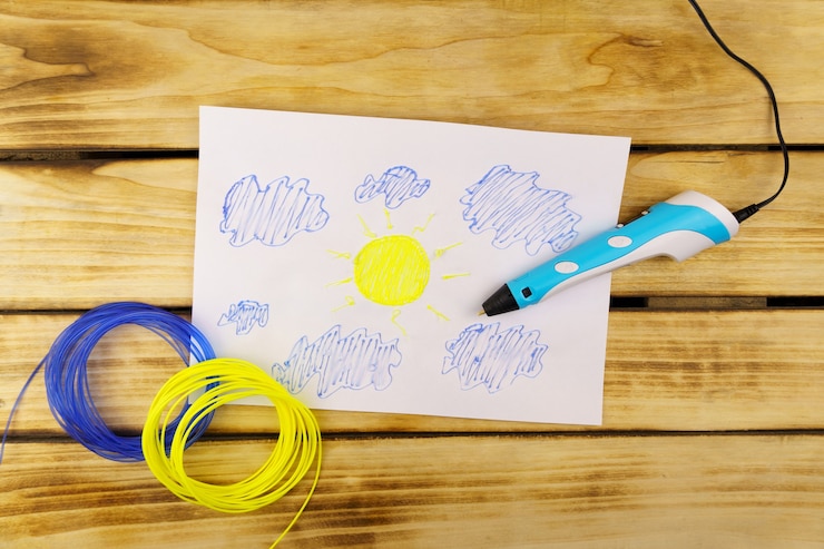 Foto creaciones maqueta 3d de nubes del cielo y sol, bolígrafo 3d y plástico 3d multicolor sobre una mesa de madera.