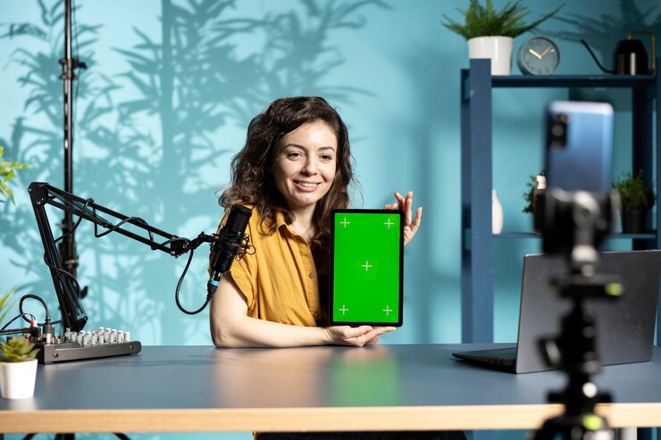 Foto creador de contenido sonriente revisando la tableta de maqueta