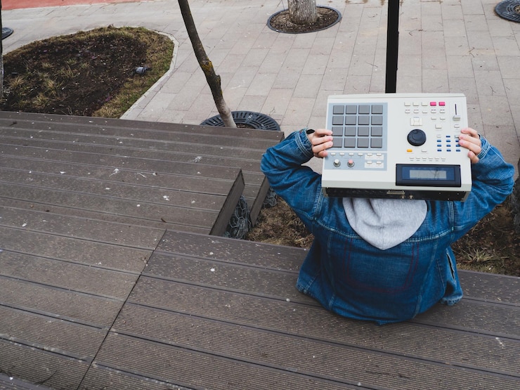 Foto un creador de ritmos de hip hop en el parque sostiene una caja de ritmos de la vieja escuela de los 90 en sus manos instrumento musical digital retro para productores de hip hop y creadores de ritmos