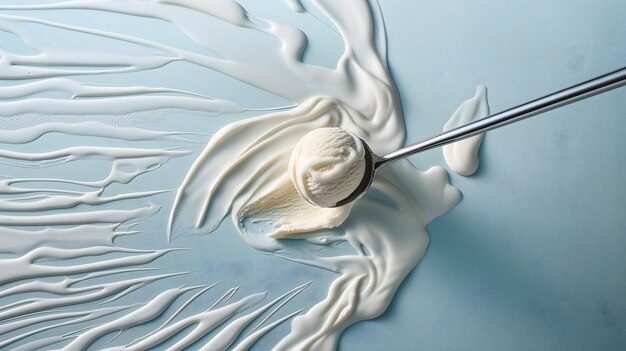 Creamy Whipped Topping auf einem Löffel mit Splashes gegen Teal-Hintergrund