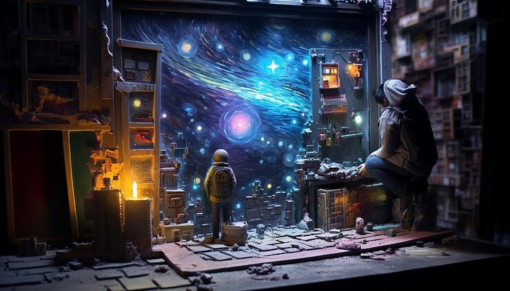 Foto creando un diorama inclinado de un artista de graffiti cyberpunk con spray magewave