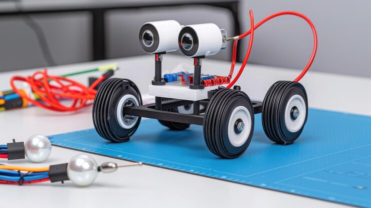 Foto creando un robot básico desde cero en una alfombra azul vibrante
