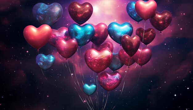 Crear una colección de globos de corazón inspirados en la galaxia con colores y patrones cósmicos Este concepto añade un toque de misterio y maravilla a la colección de globo de corazón