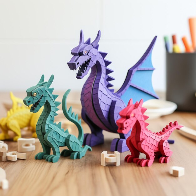 Foto crear un conjunto de piezas de rompecabezas de dragones imprimibles en 3d que cuando se ensamblan forman una familia de dragones completa esto puede ser un juego divertido y atractivo