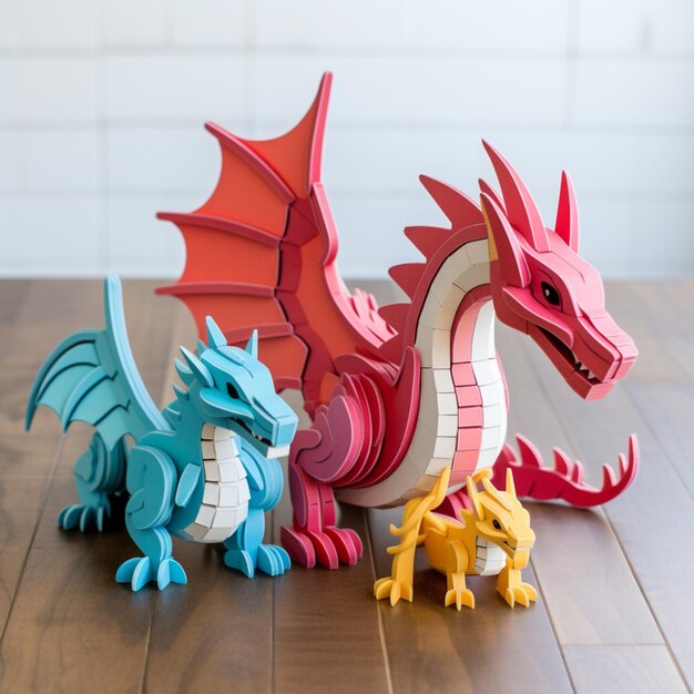 Foto crear un conjunto de piezas de rompecabezas de dragones imprimibles en 3d que cuando se ensamblan forman una familia de dragones completa esto puede ser un juego divertido y atractivo