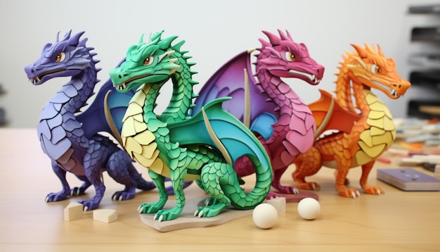 Crear un conjunto de piezas de rompecabezas de dragones imprimibles en 3D que cuando se ensamblan forman una familia de dragones completa Esto puede ser un juego divertido y atractivo