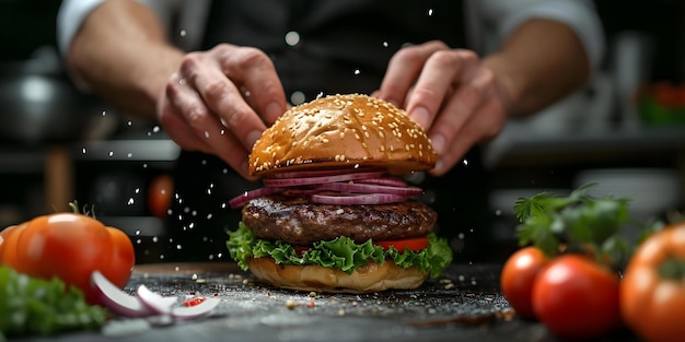 Foto crear una deliciosa hamburguesa desde cero el arte de un talentoso chef concepto hamburguesa hacer habilidades culinarias arte culinario deliciosas creaciones comidas gourmet