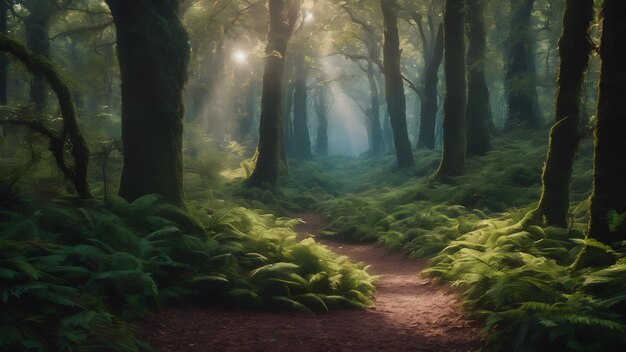 Foto crear una descripción vívida de un bosque encantado donde los árboles susurran secretos y místicos