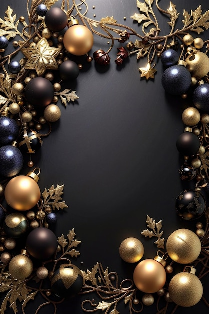 Crear un fondo de Navidad negro y dorado adornado con adornos navideños